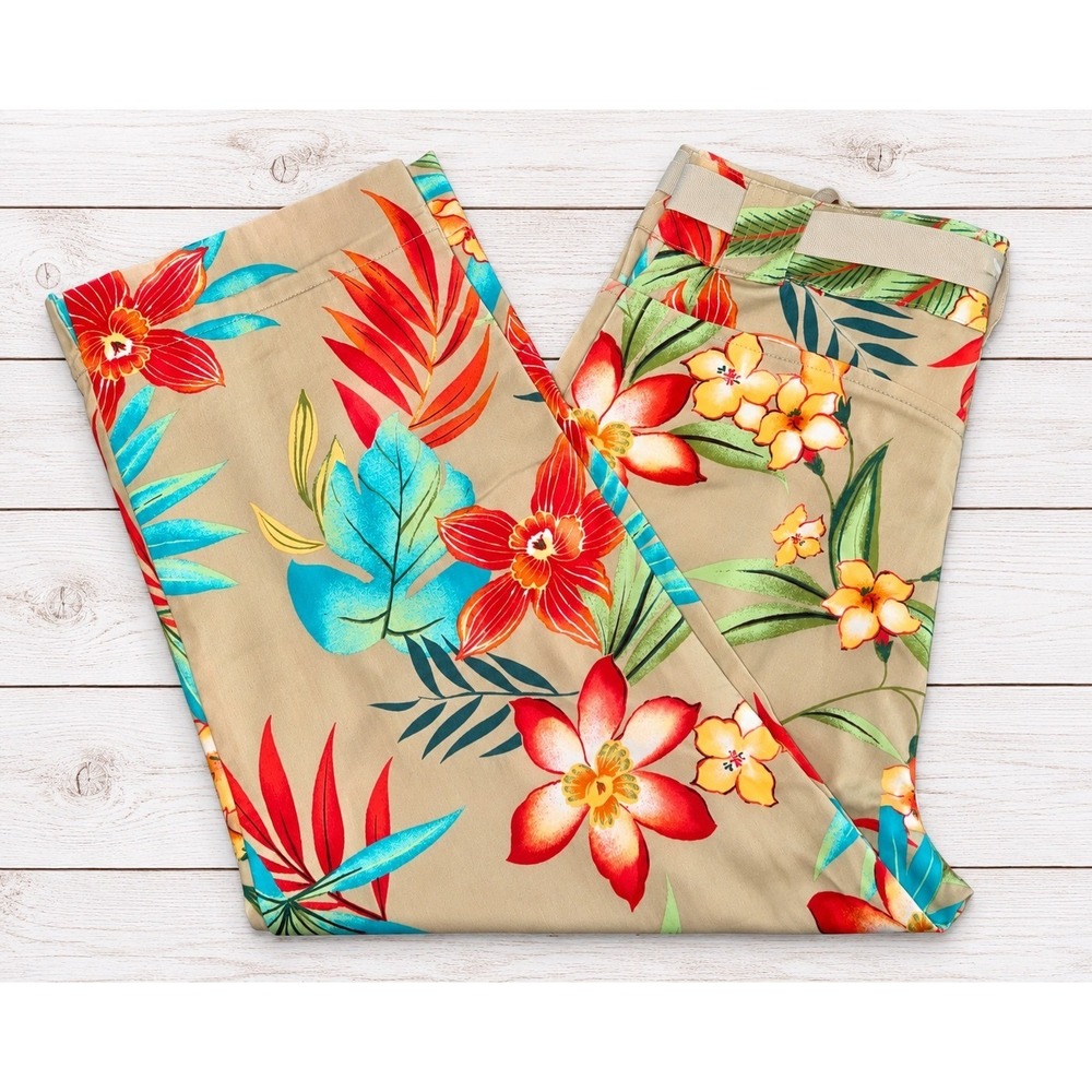 White Stag Stretch Tropical Floral Pants Tan Red Blue Hibiscus Print Size 6 Avg